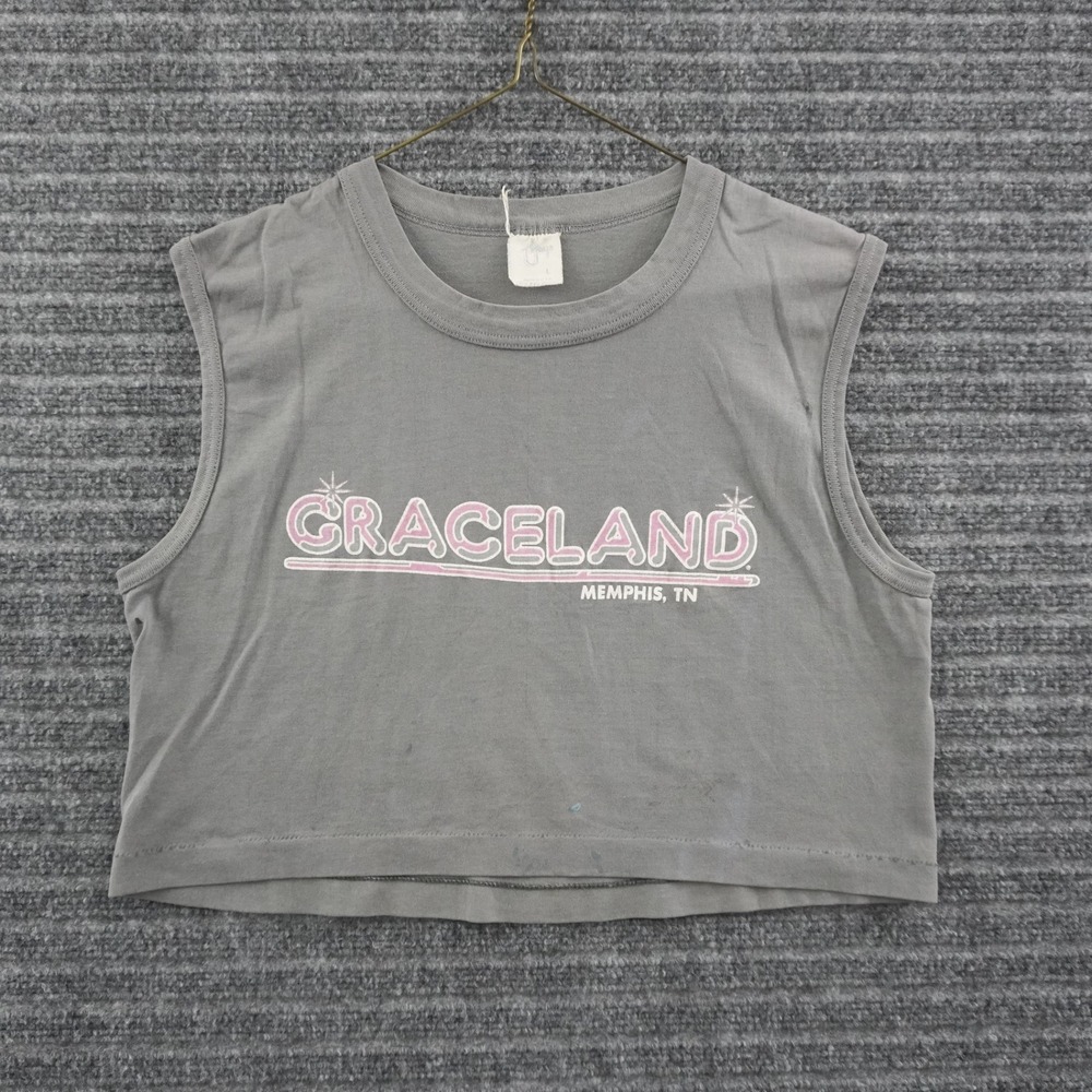 Vintage 80s T-Jays Graceland Crop Muscle Tank Top Womens L Grey Memphis TN
